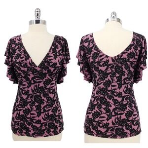 First Kiss Purple Black Floral Flutter Sleeve V-Neck Blouse Top Womens